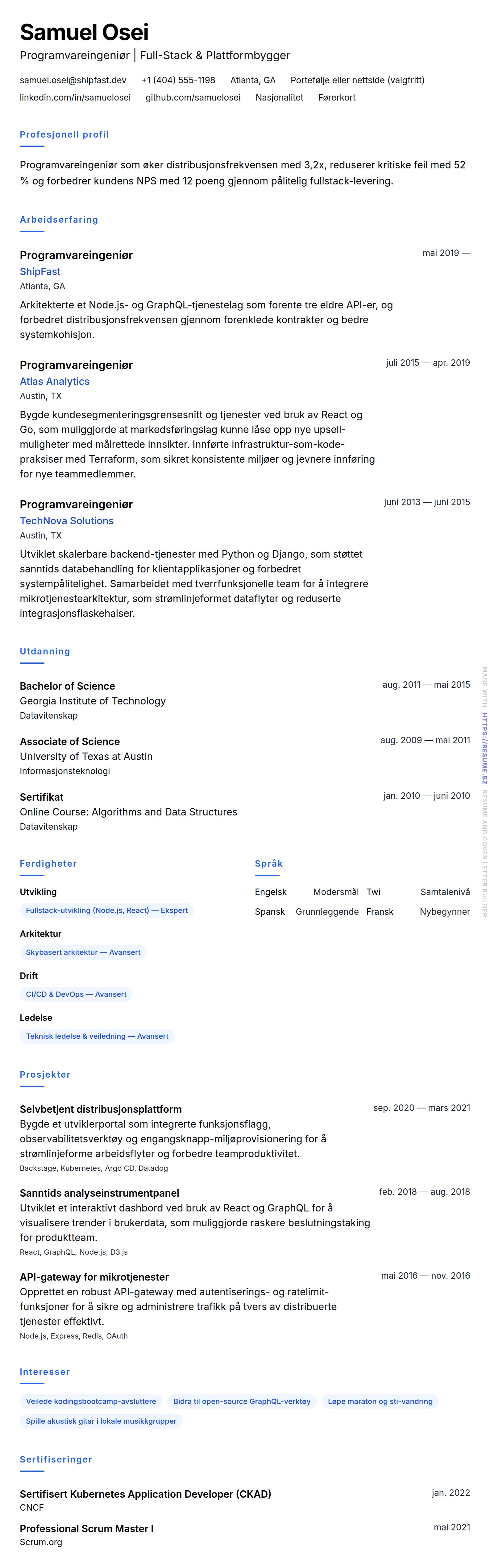 CV-forhåndsvisning for Programvareingeniør CV-eksempel