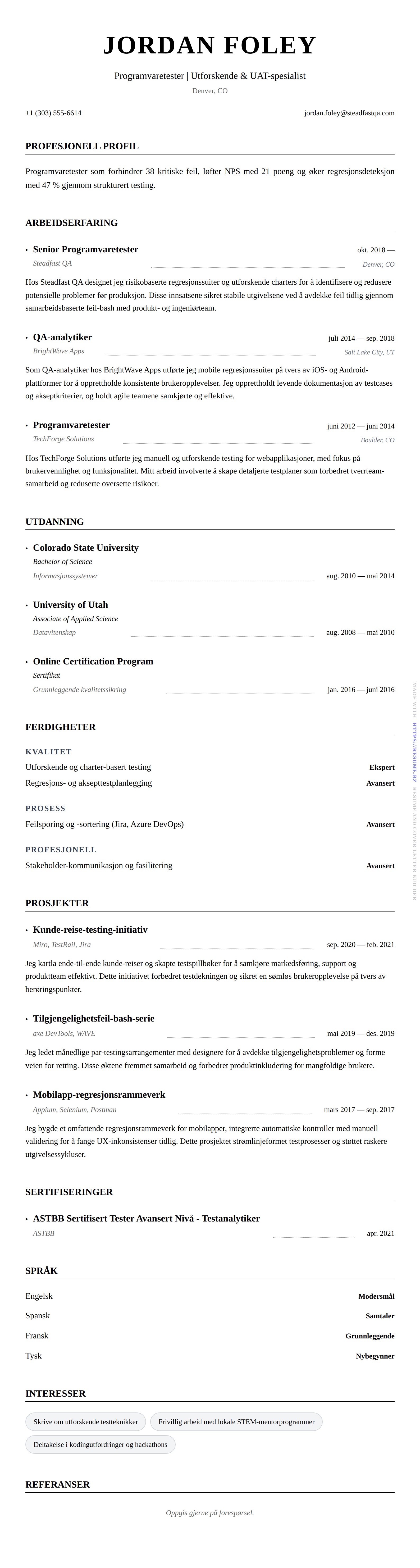 CV-forhåndsvisning for Programvaretester CV-eksempel