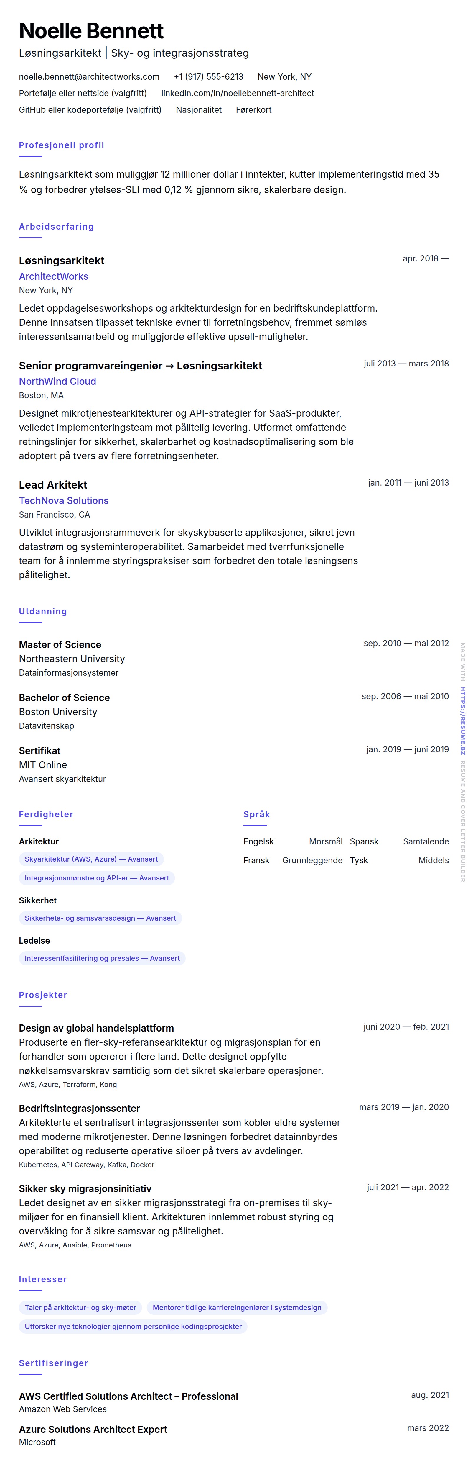 CV-forhåndsvisning for Løsningsarkitekt CV-eksempel
