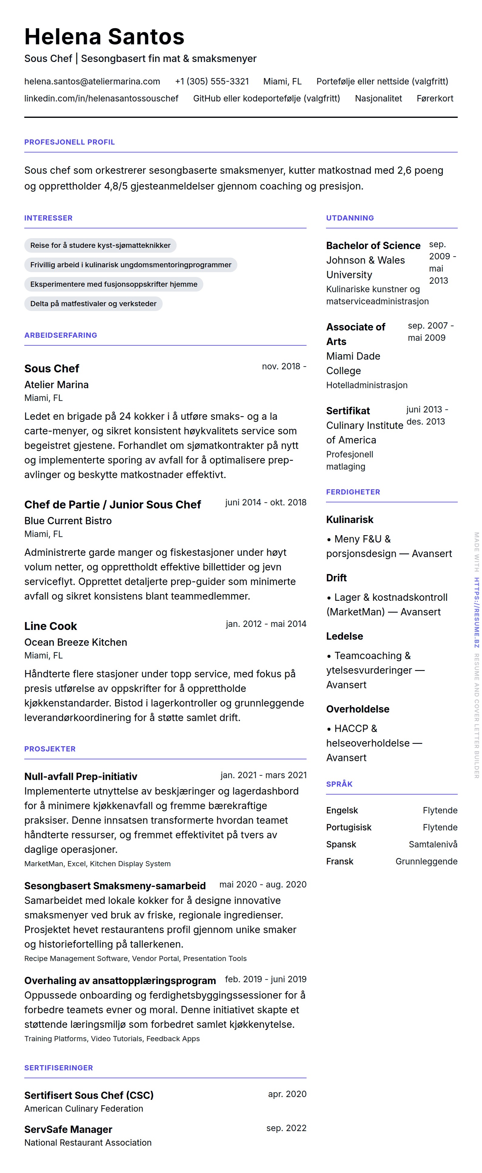 CV-forhåndsvisning for Sous Chef CV-eksempel