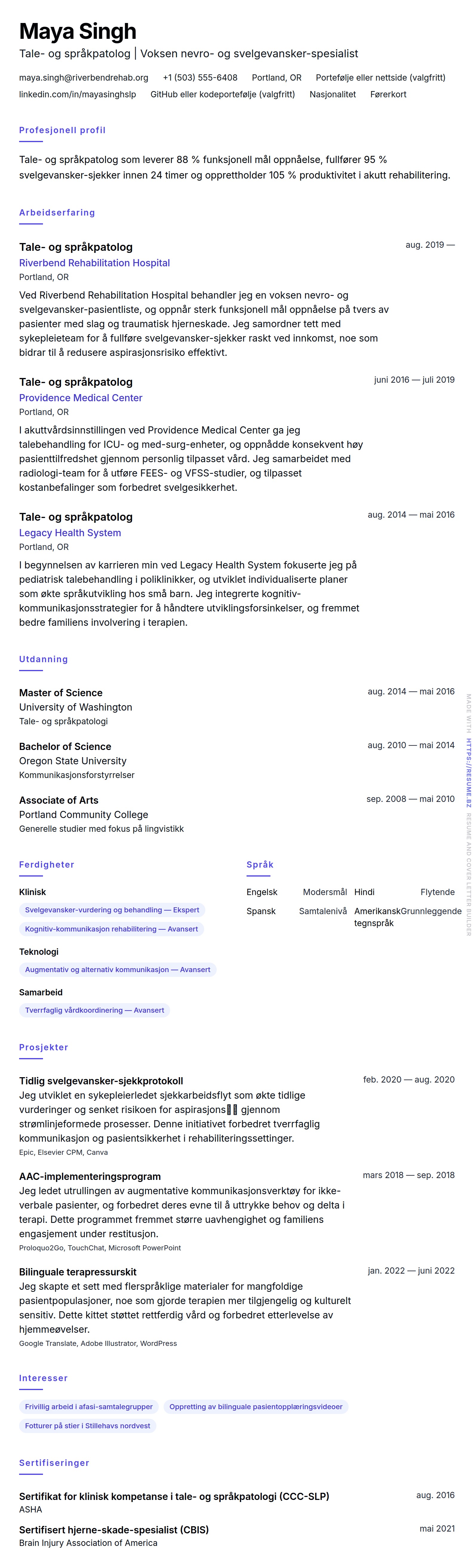 CV-forhåndsvisning for Tale- og språkpatolog (SLP) CV-eksempel