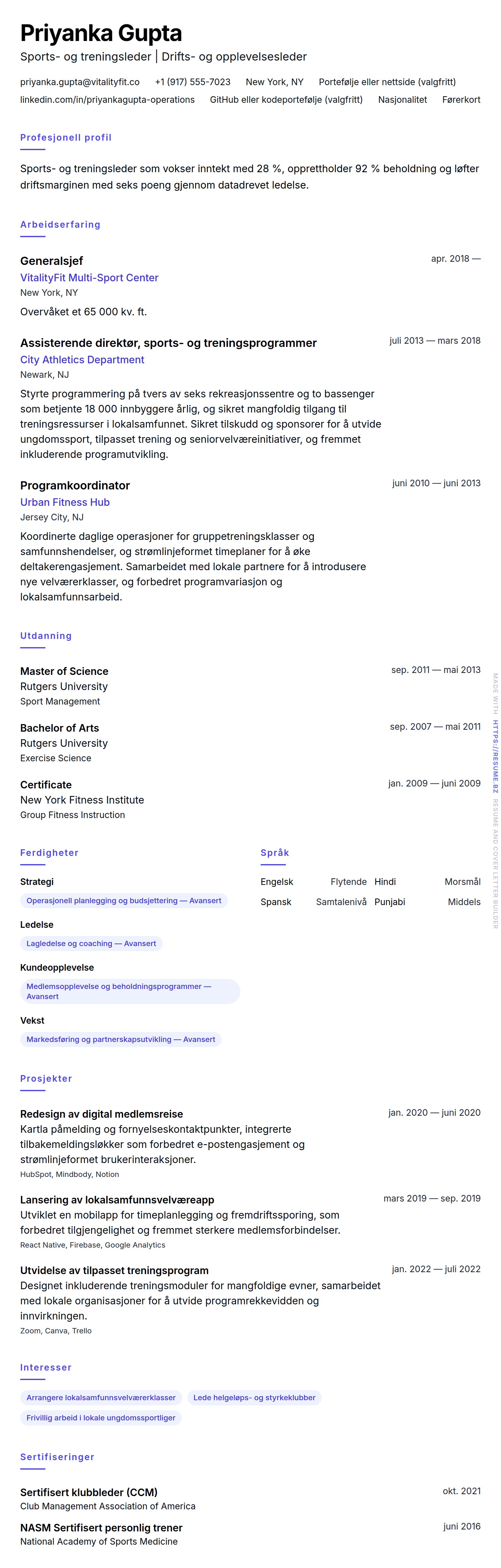 CV-forhåndsvisning for Sports- og treningsleder CV-eksempel