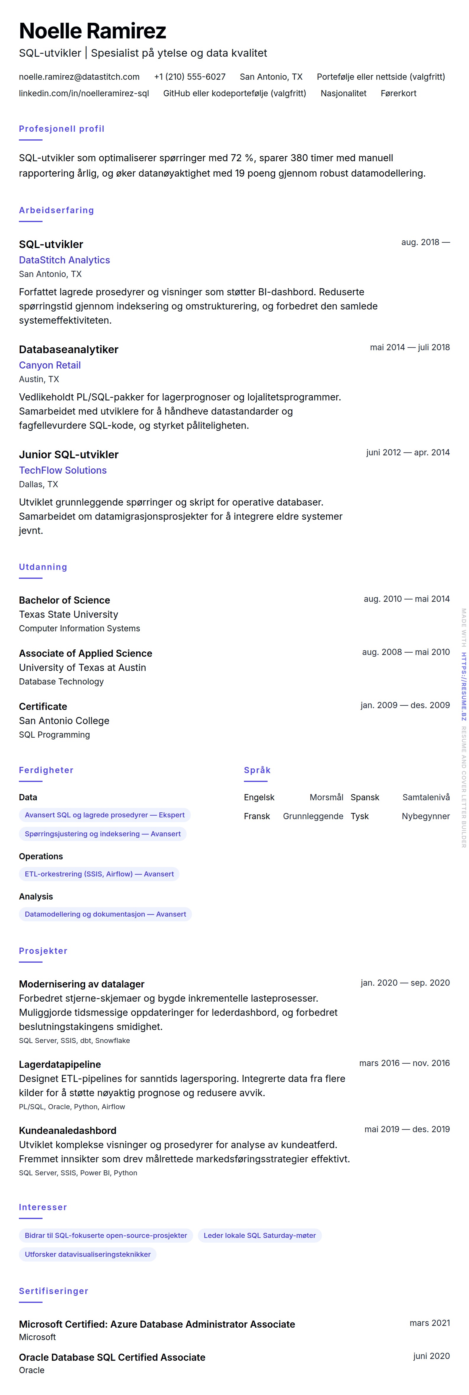 CV-forhåndsvisning for Eksempel på CV for SQL-utvikler