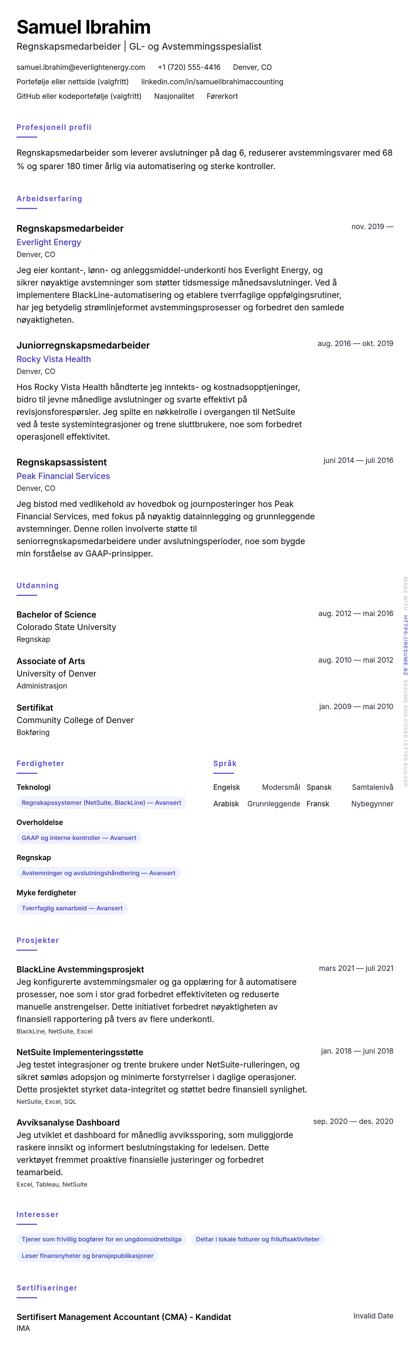 CV-forhåndsvisning for Eksempel på CV for Regnskapsmedarbeider