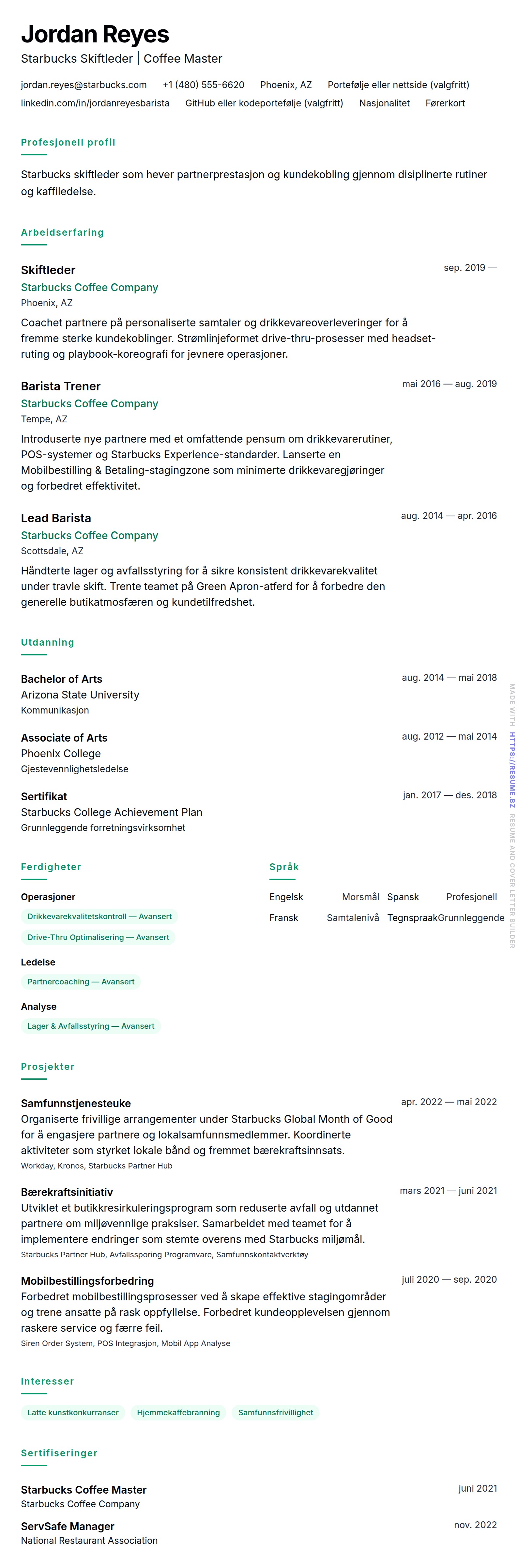 CV-forhåndsvisning for Starbucks Skiftleder CV-Eksempel
