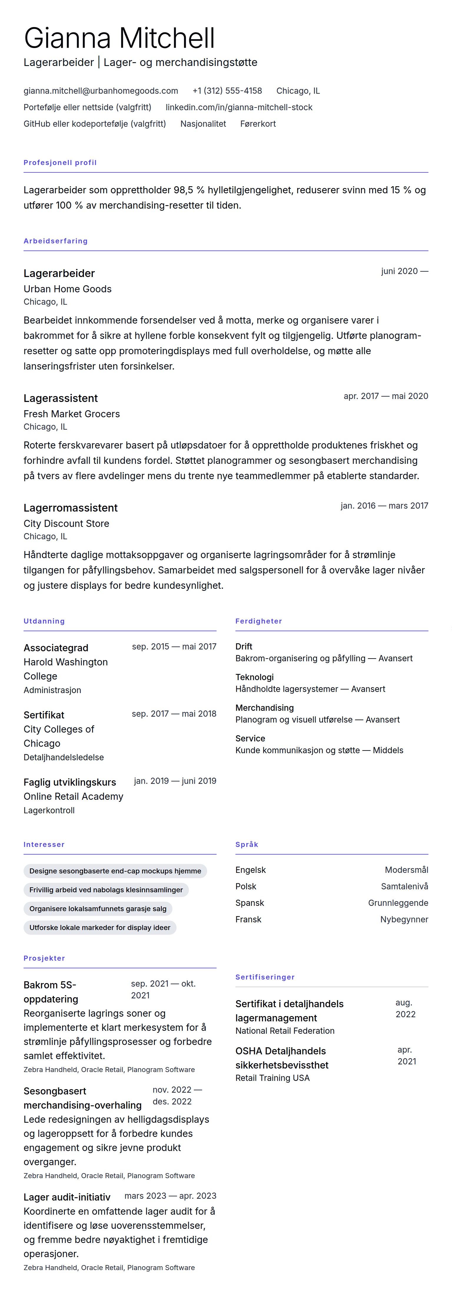 Lagerarbeider CV-eksempel