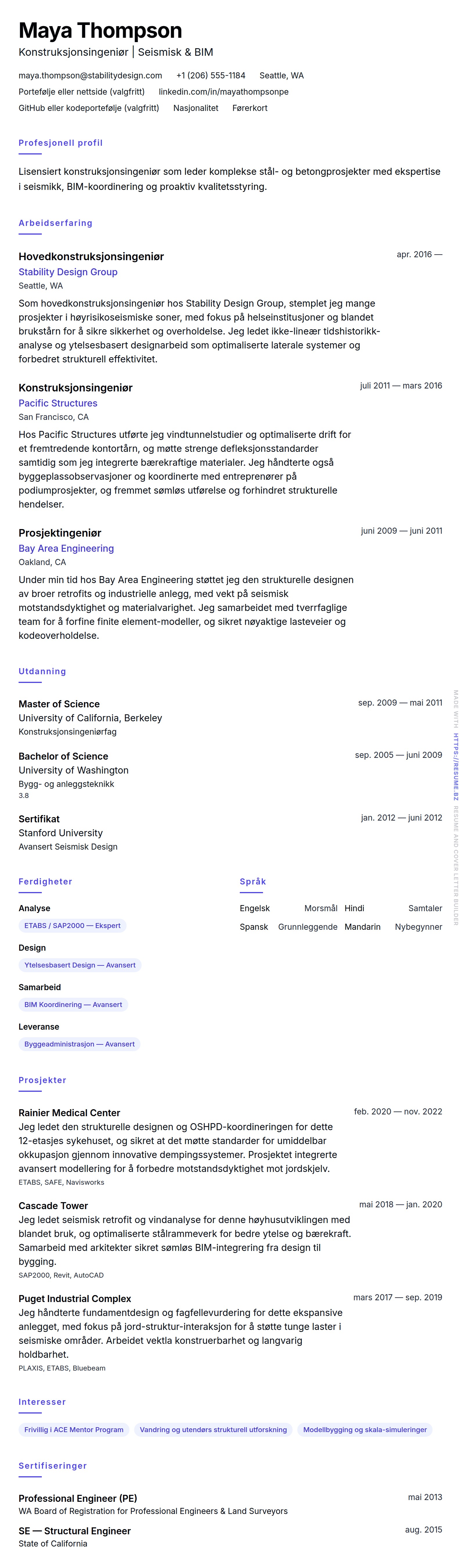 CV-forhåndsvisning for Eksempel på CV for konstruksjonsingeniør
