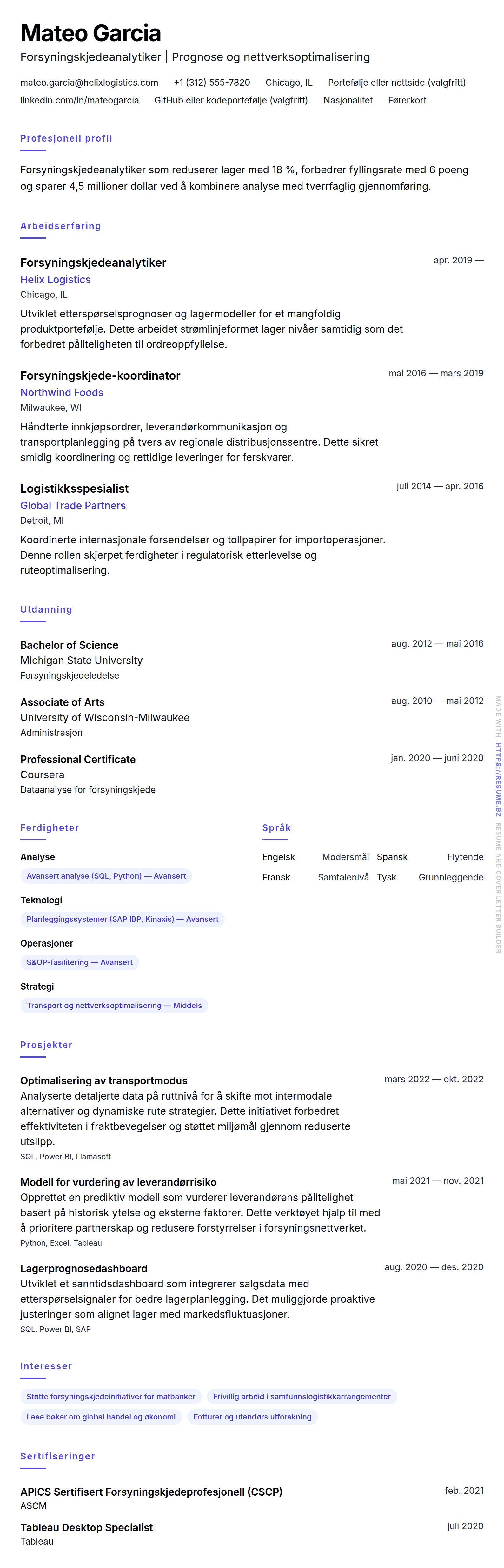 CV-forhåndsvisning for Eksempel på CV for Forsyningskjedeanalytiker