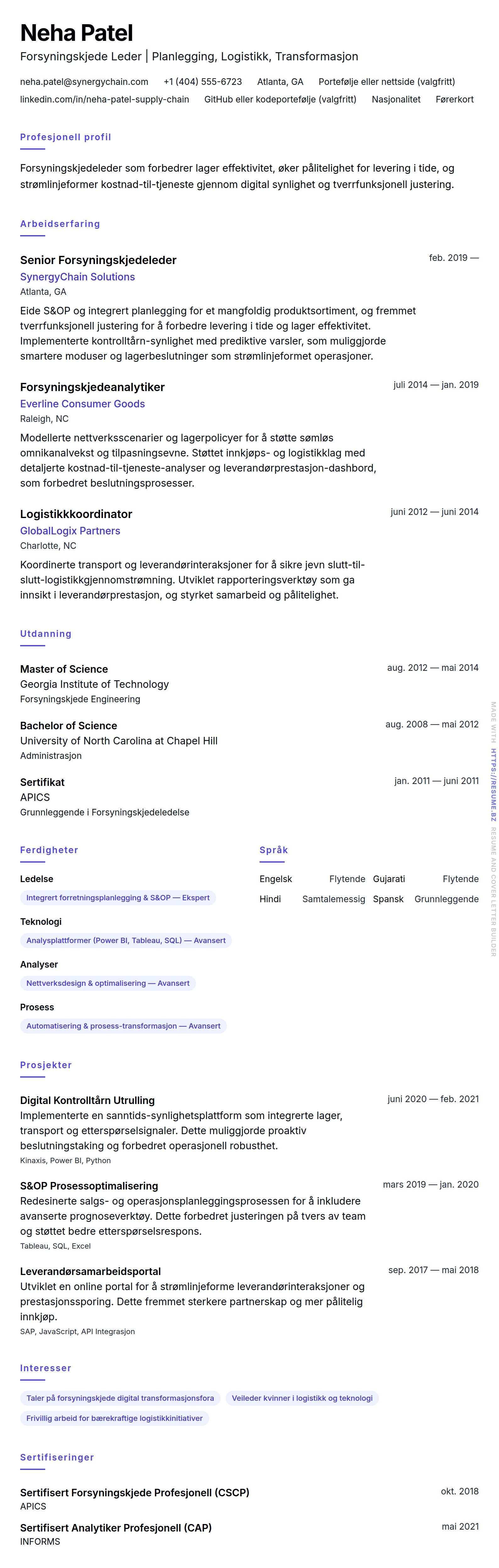 Forsyningskjede Profesjonell CV Eksempel