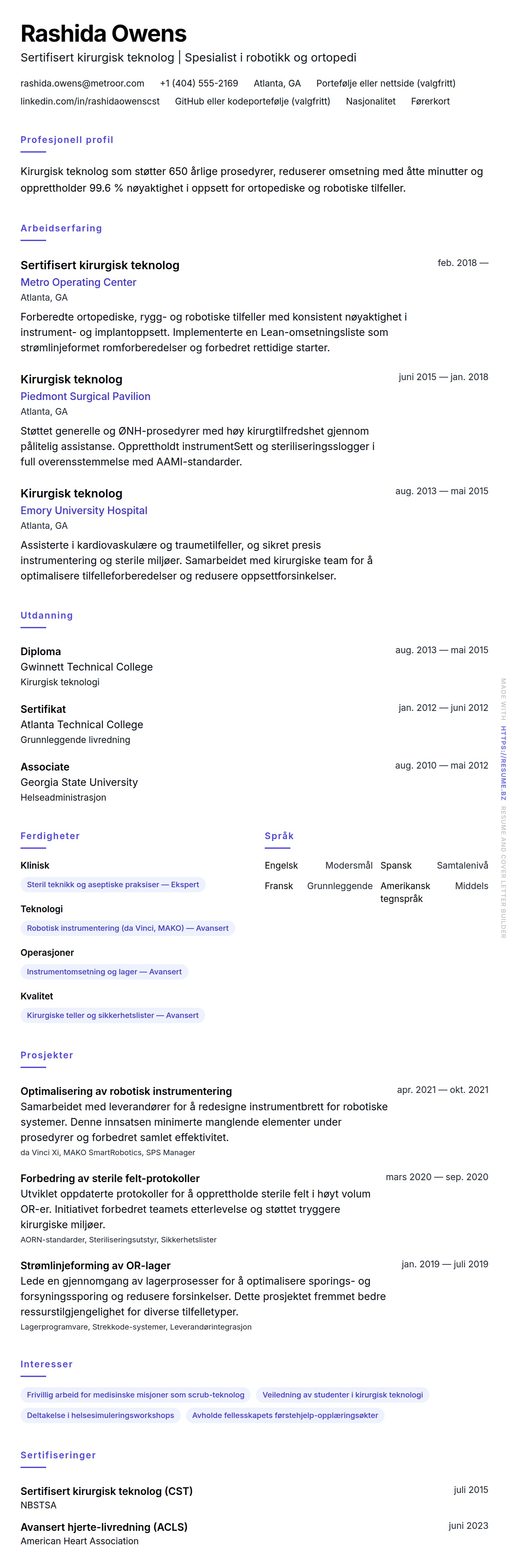 CV-forhåndsvisning for Eksempel på CV for kirurgisk teknolog