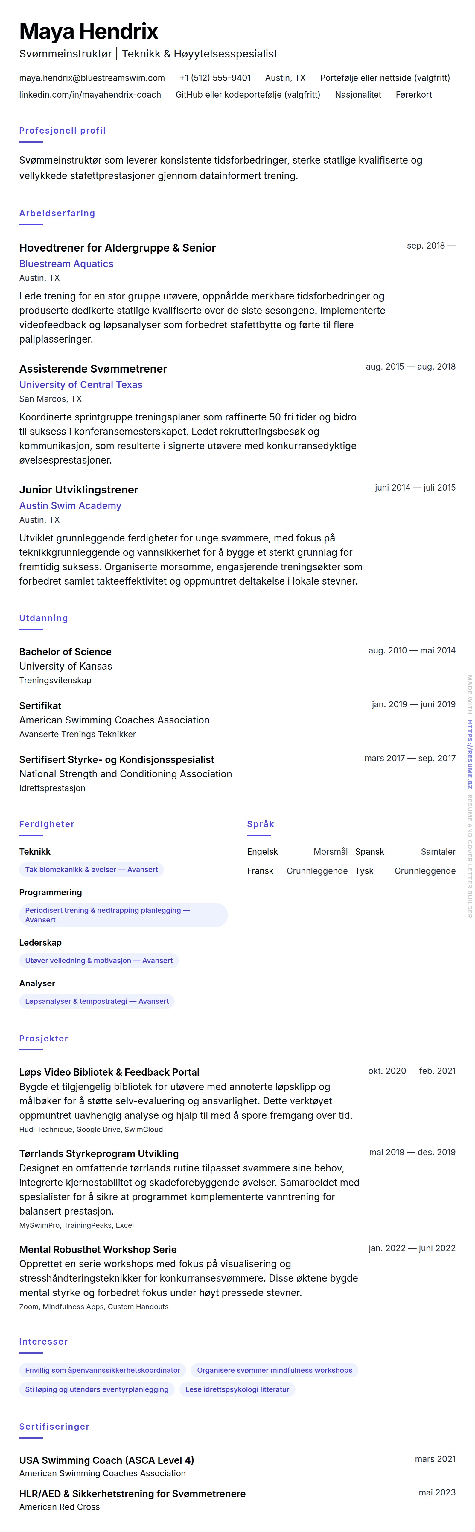 CV-forhåndsvisning for Svømmeinstruktør CV-eksempel