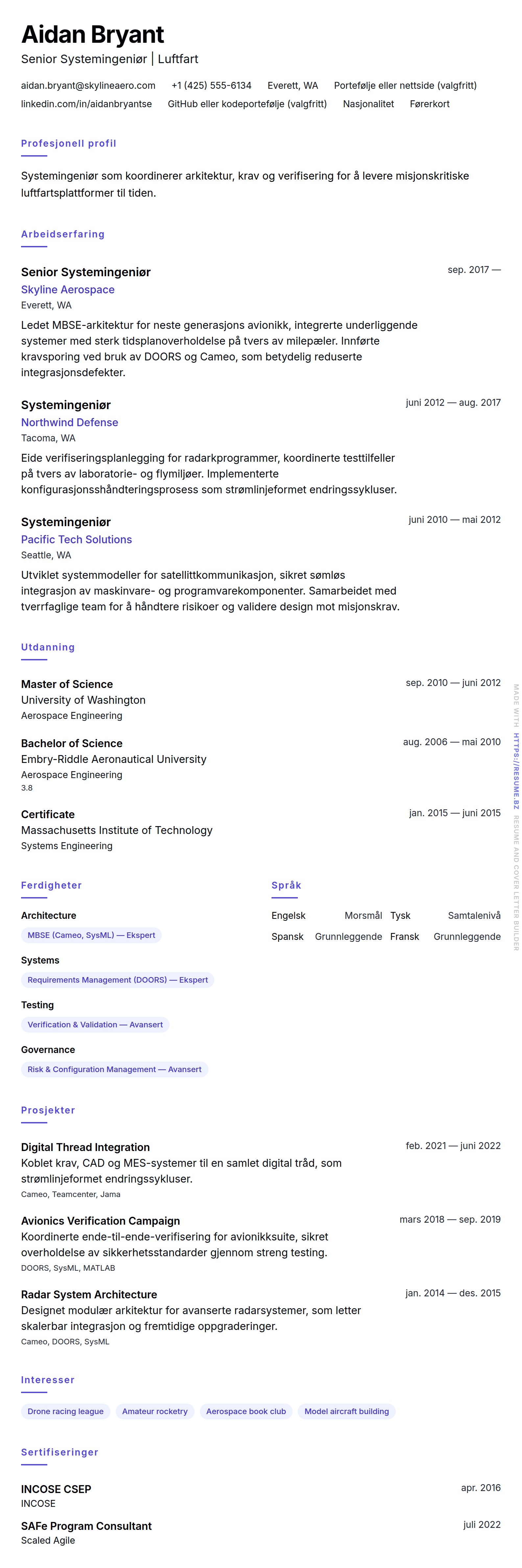 Systemingeniør CV-eksempel