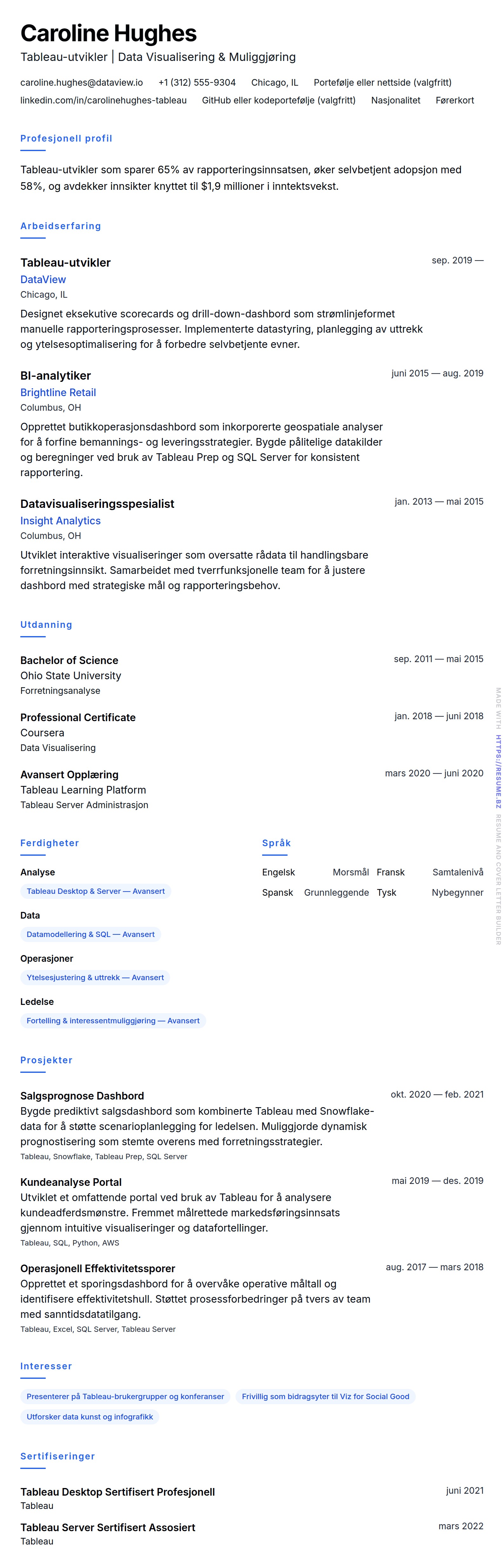 CV-forhåndsvisning for Tableau-utvikler CV-eksempel