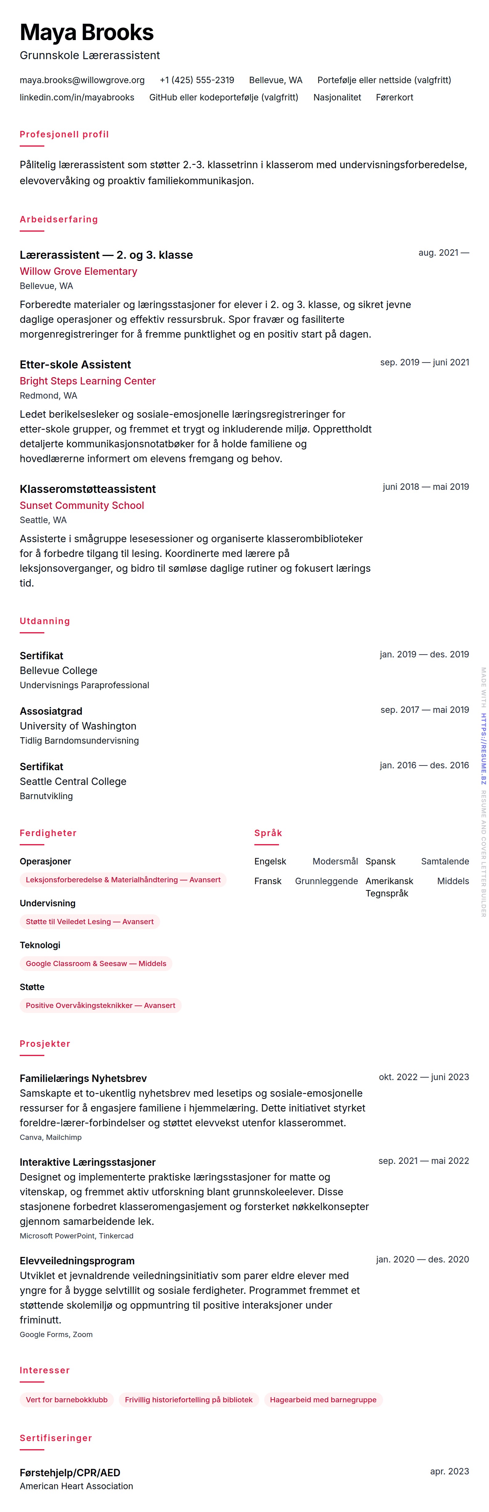 CV-forhåndsvisning for Lærerassistent CV-eksempel
