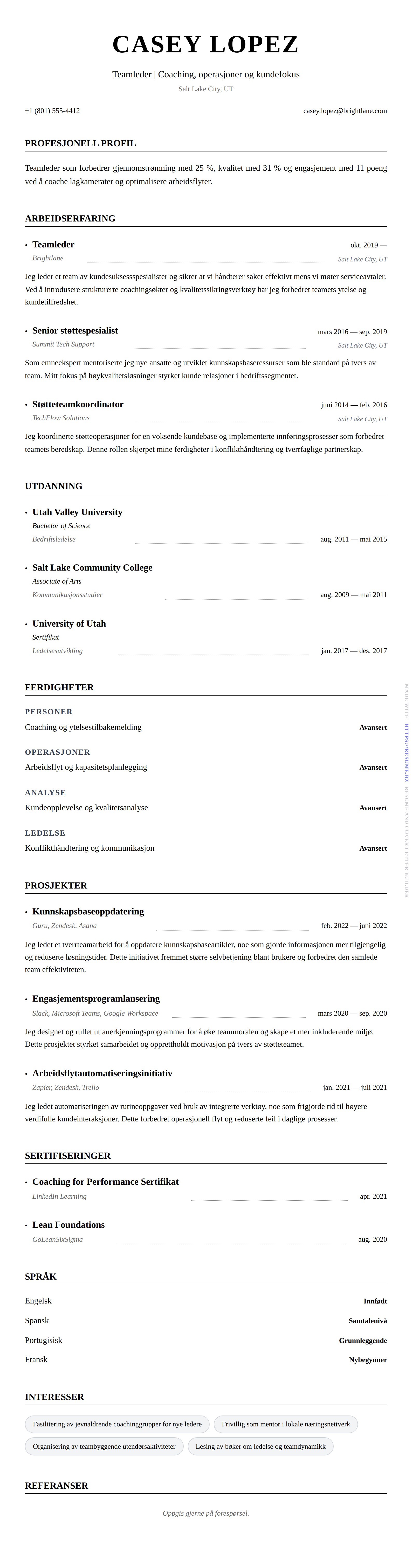 CV-forhåndsvisning for Teamleder CV-eksempel