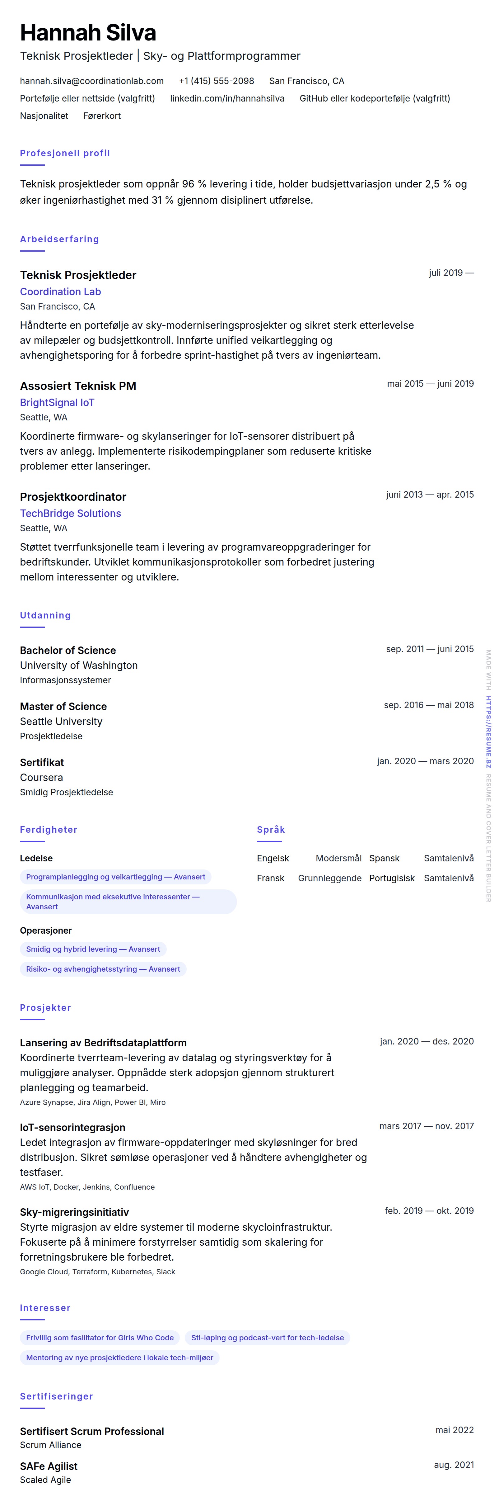 CV-forhåndsvisning for Eksempel på CV for Teknisk Prosjektleder