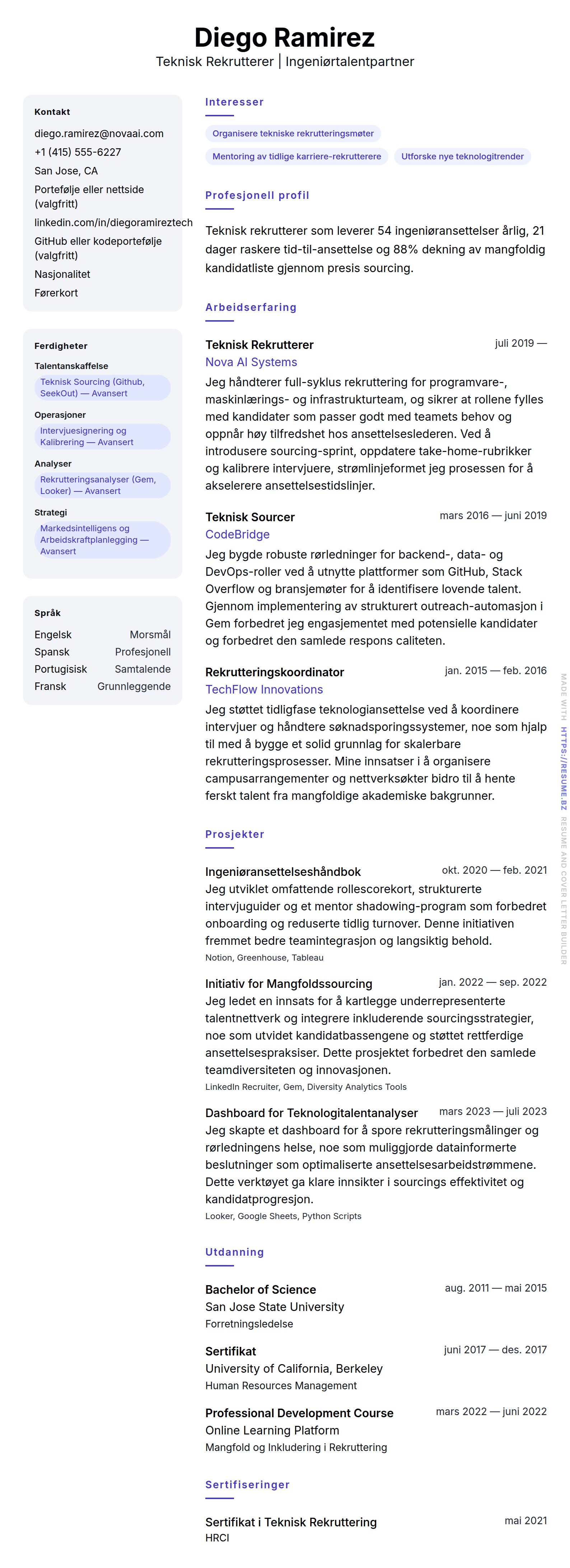CV-forhåndsvisning for Eksempel på CV for Teknisk Rekrutterer