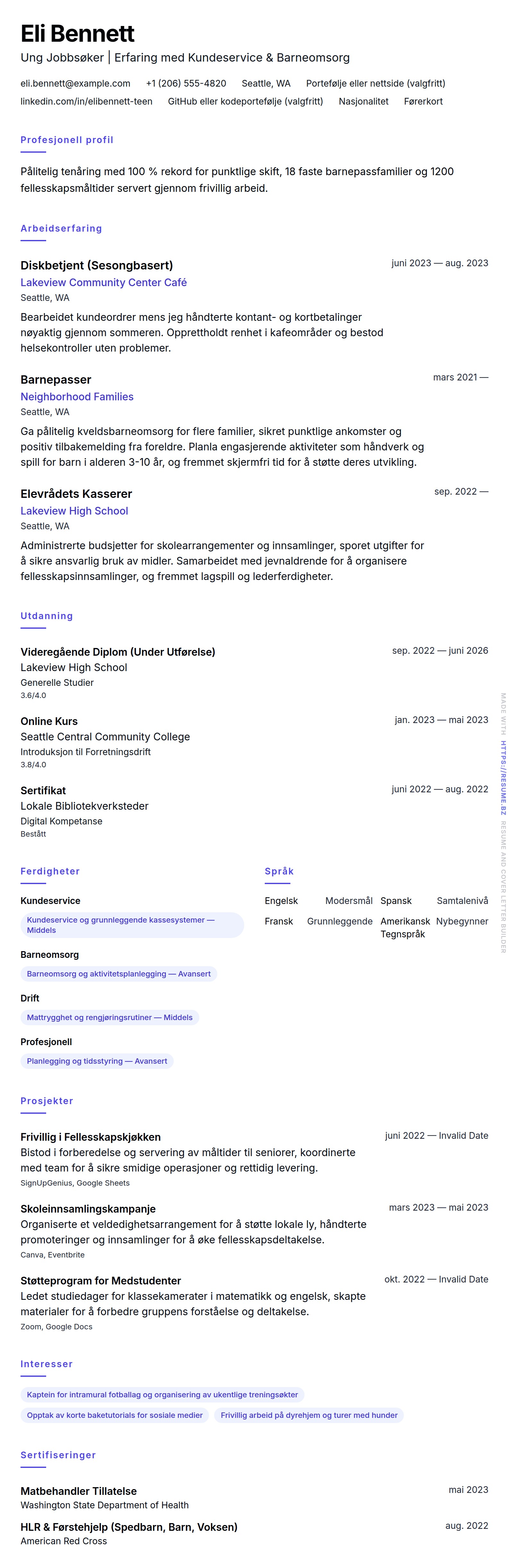 CV-forhåndsvisning for Eksempel på CV for Ung Jobbsøker