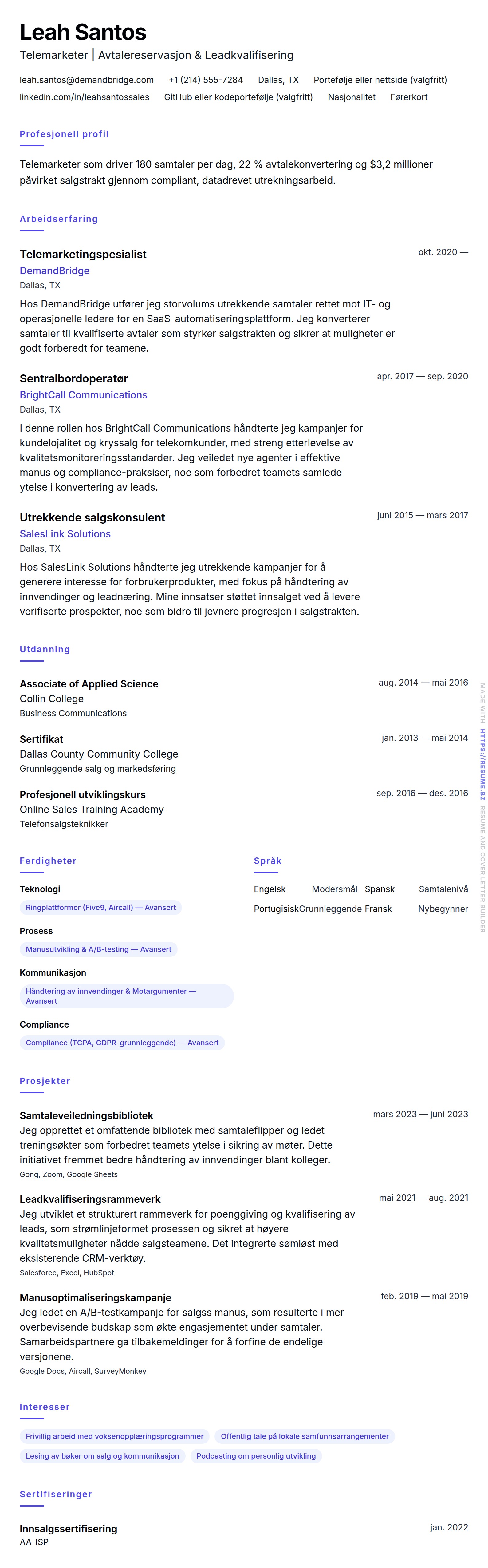 CV-forhåndsvisning for Telemarketer CV-eksempel