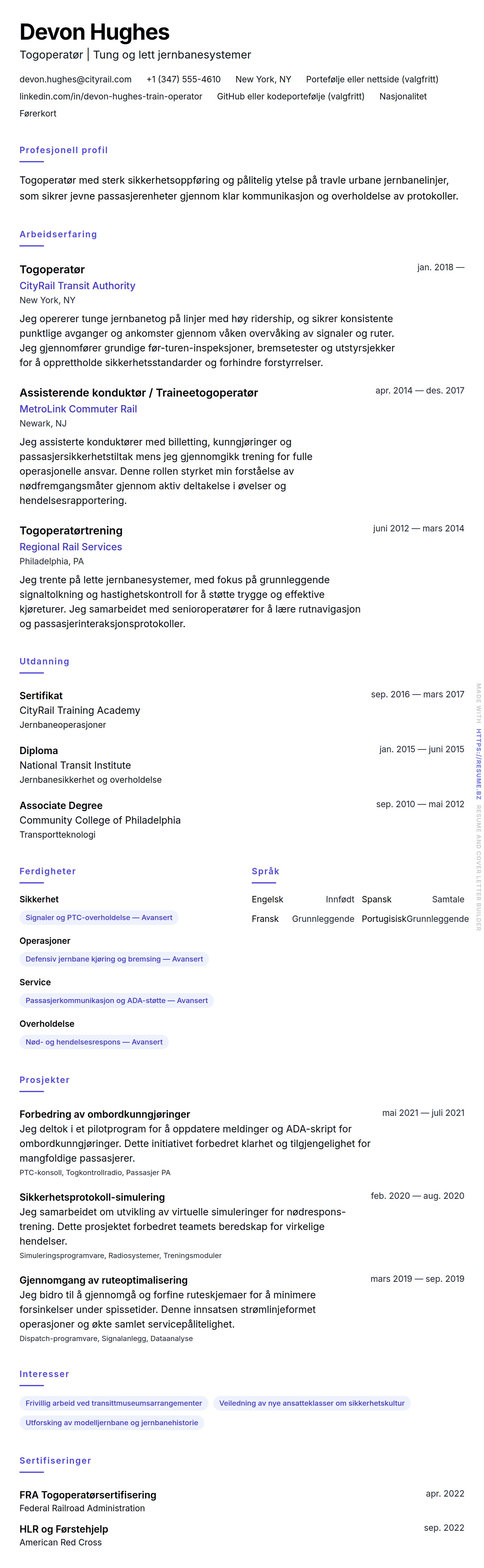 Togoperatør CV-eksempel