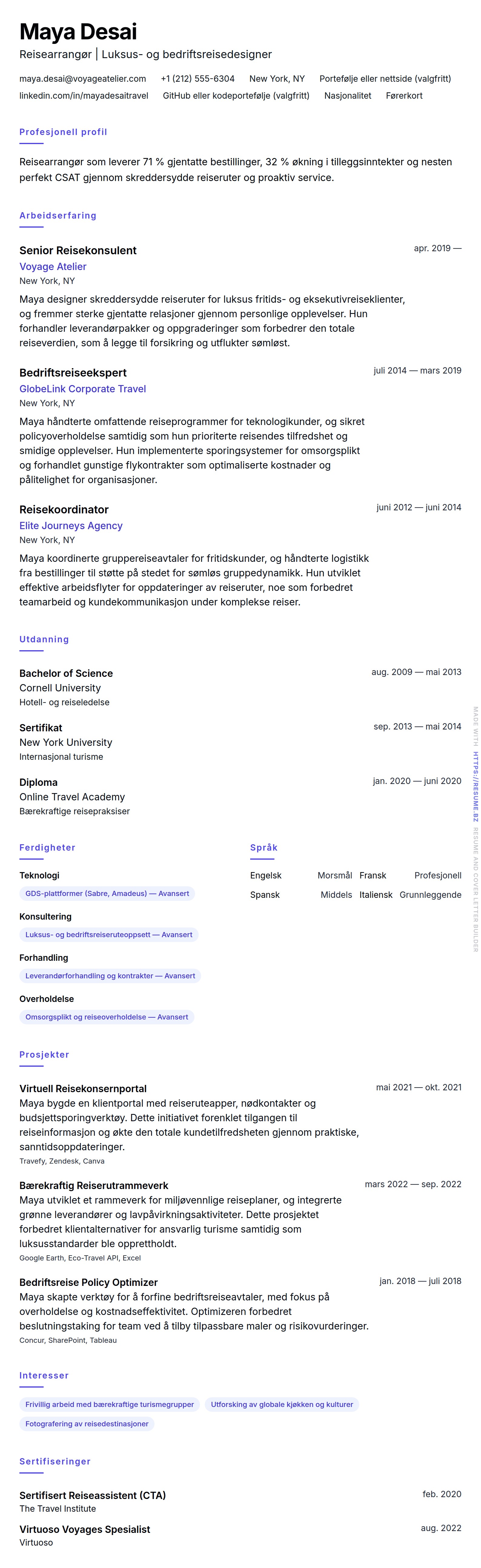 CV-forhåndsvisning for Reisearrangør CV-eksempel