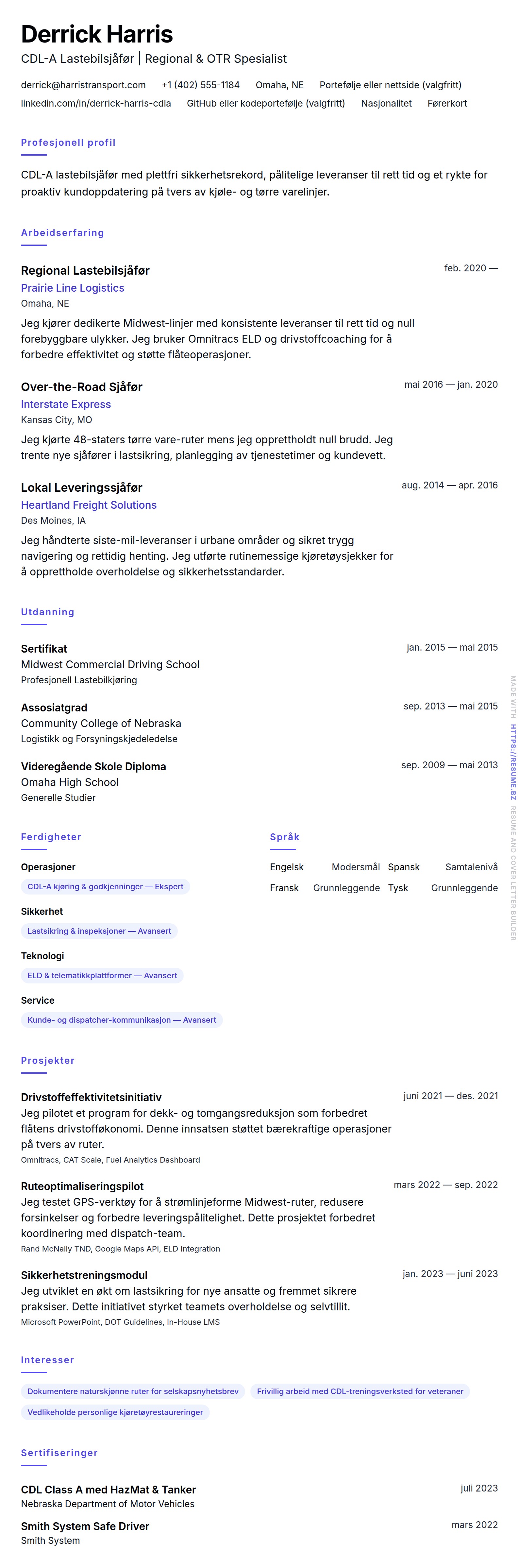 CV-forhåndsvisning for Lastebilsjåfør CV-eksempel