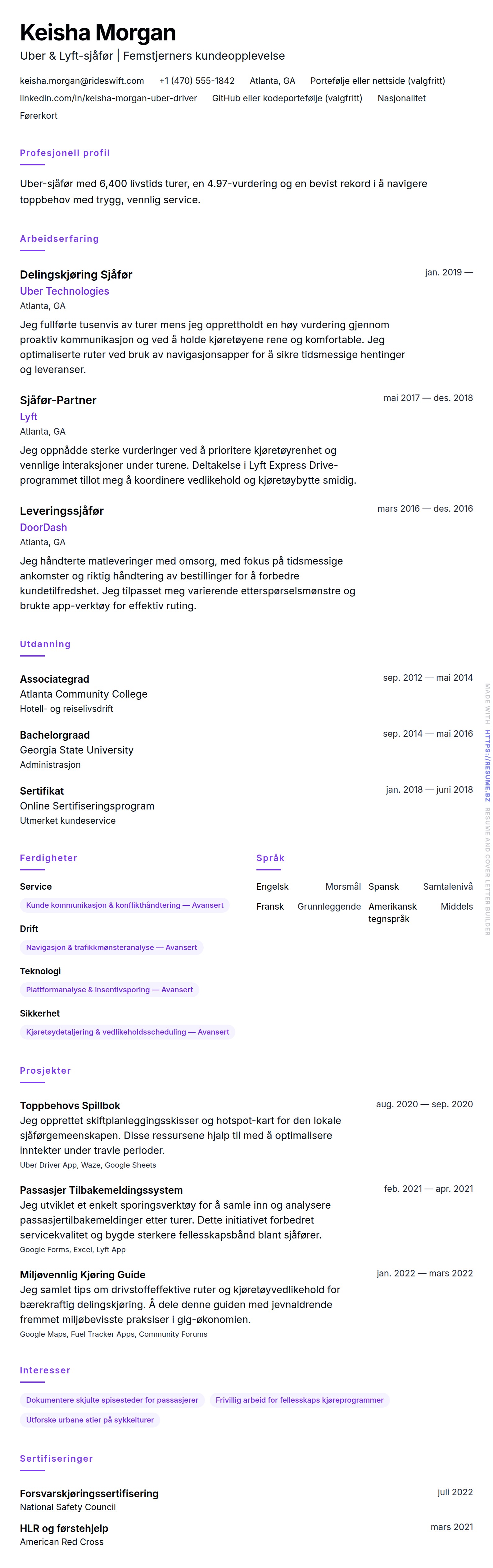 CV-forhåndsvisning for Uber-sjåfør CV-eksempel