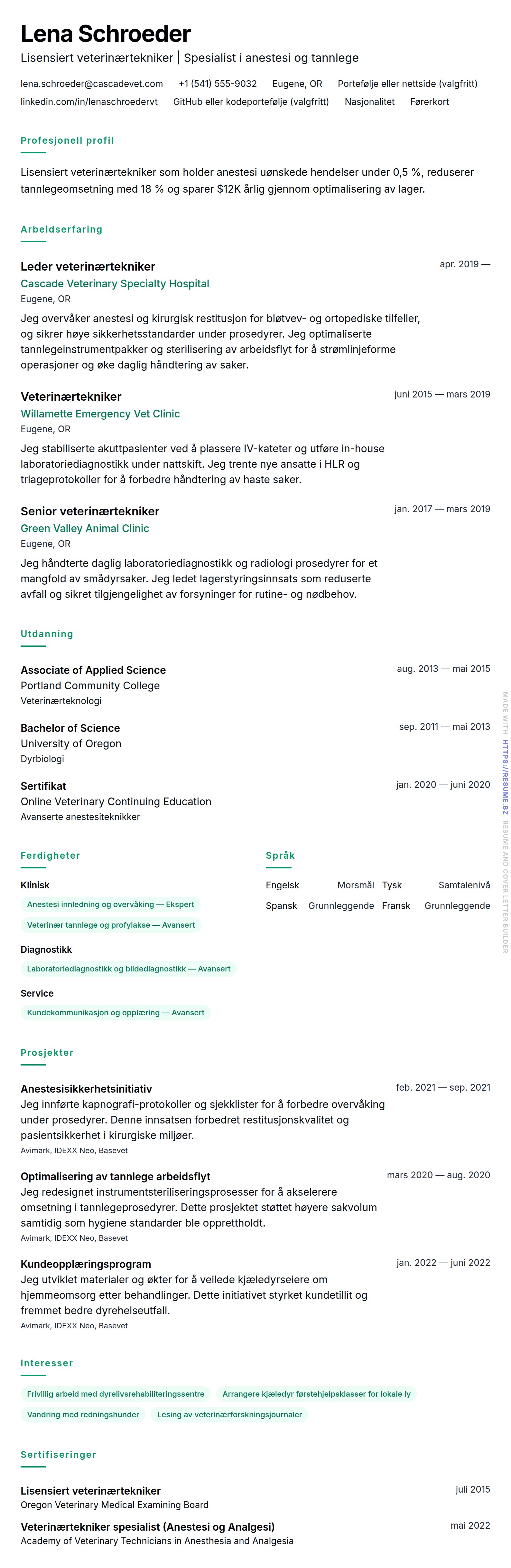 CV-forhåndsvisning for Veterinærtekniker CV-eksempel