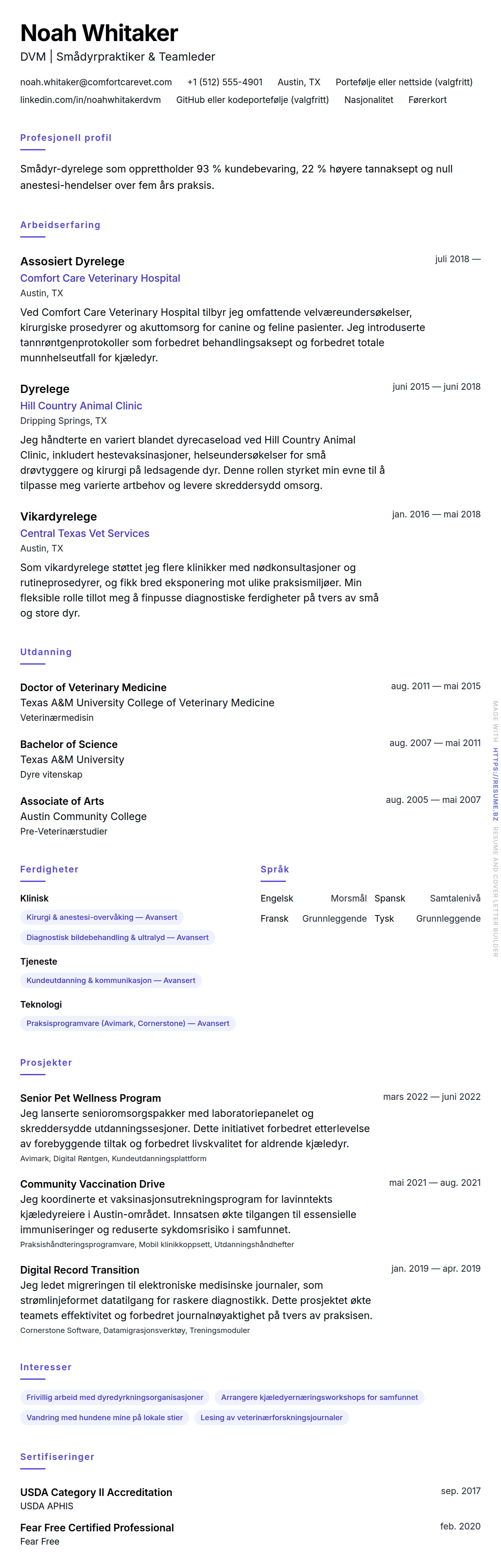 CV-forhåndsvisning for Dyrelege CV-eksempel