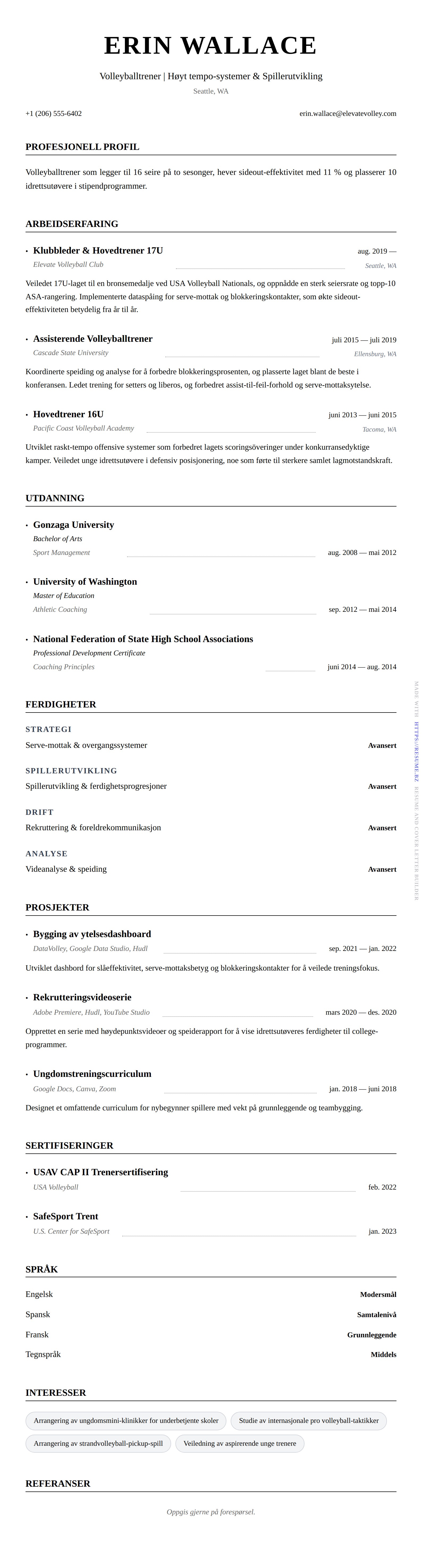 CV-forhåndsvisning for Eksempel på CV for Volleyballtrener