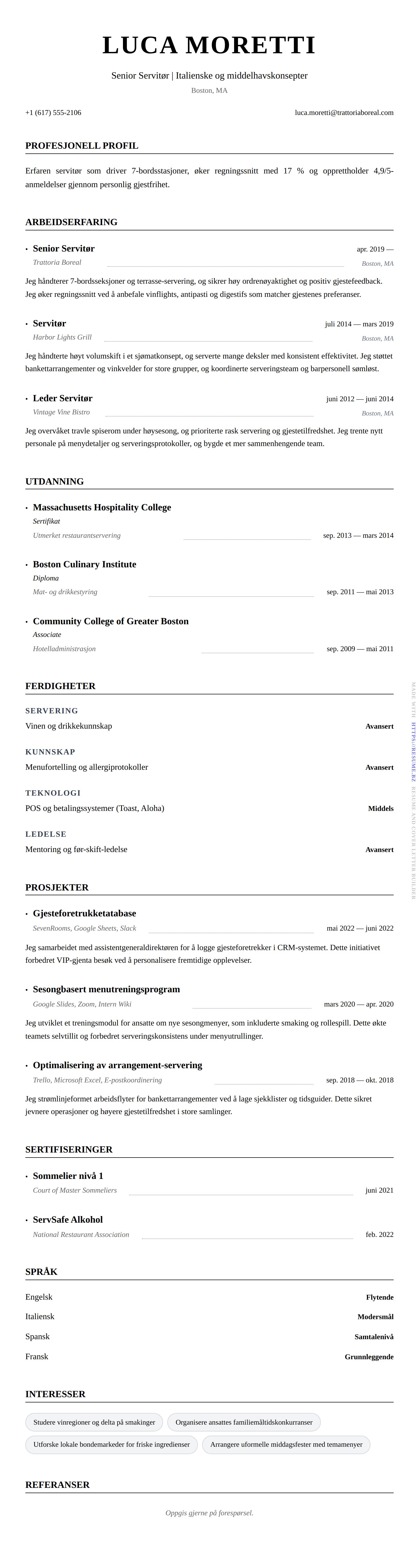 CV-forhåndsvisning for Servitør CV-eksempel
