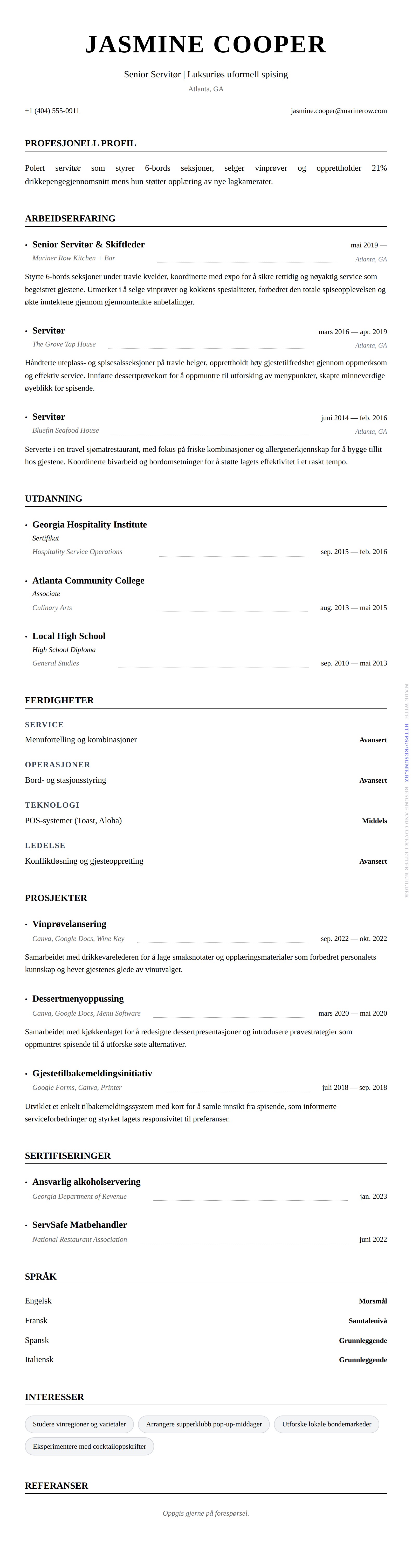Servitør CV-eksempel