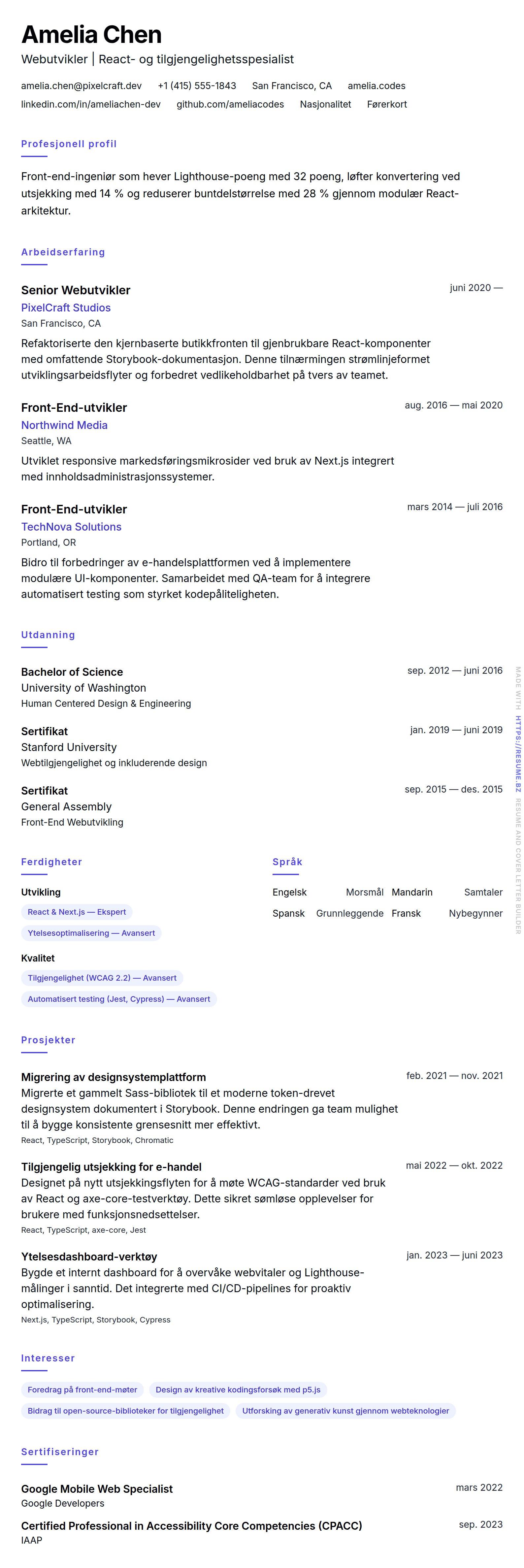CV-forhåndsvisning for Eksempel på CV for Webutvikler