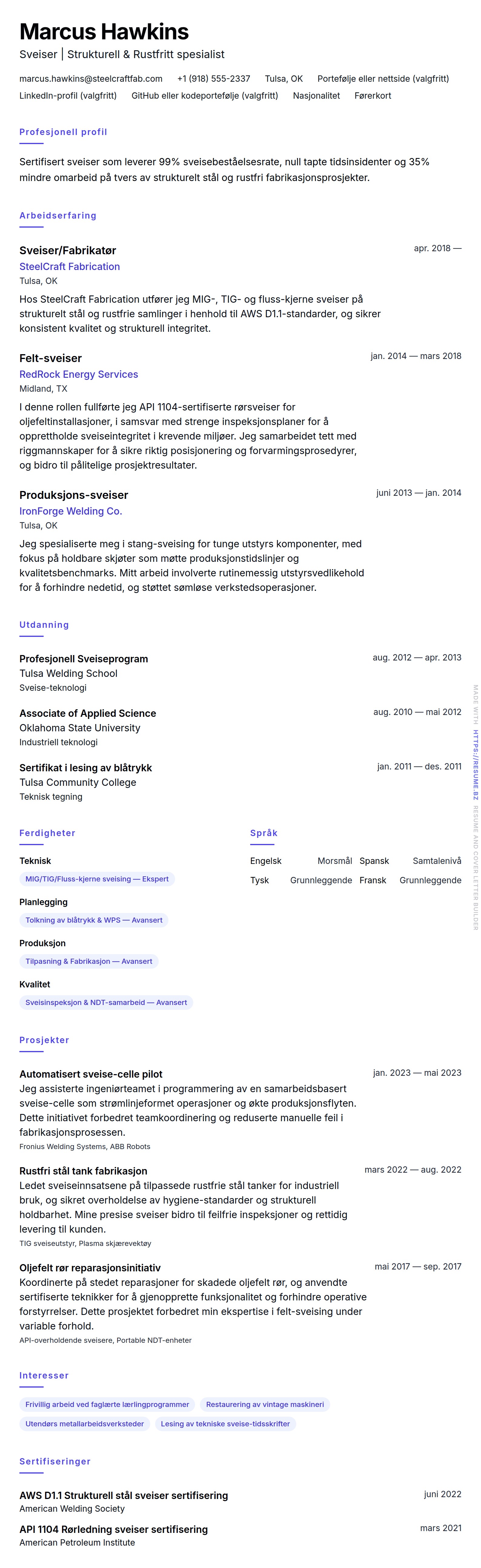 CV-forhåndsvisning for Sveiser CV-eksempel