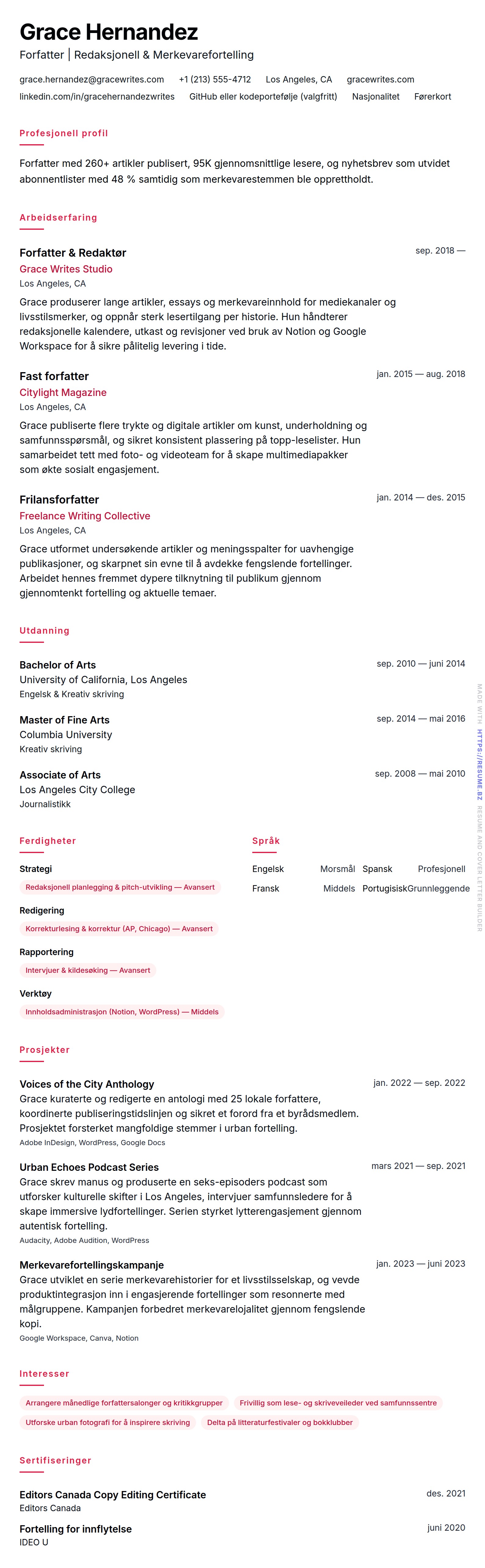 CV-forhåndsvisning for Forfatter CV-eksempel