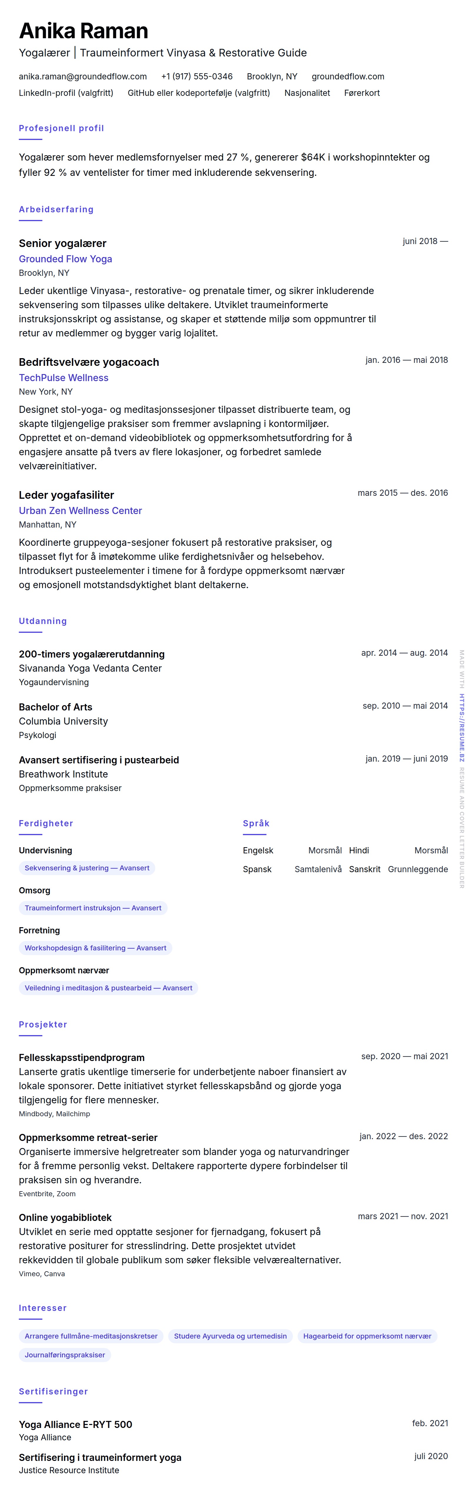 CV-forhåndsvisning for Eksempel på CV for yogalærer