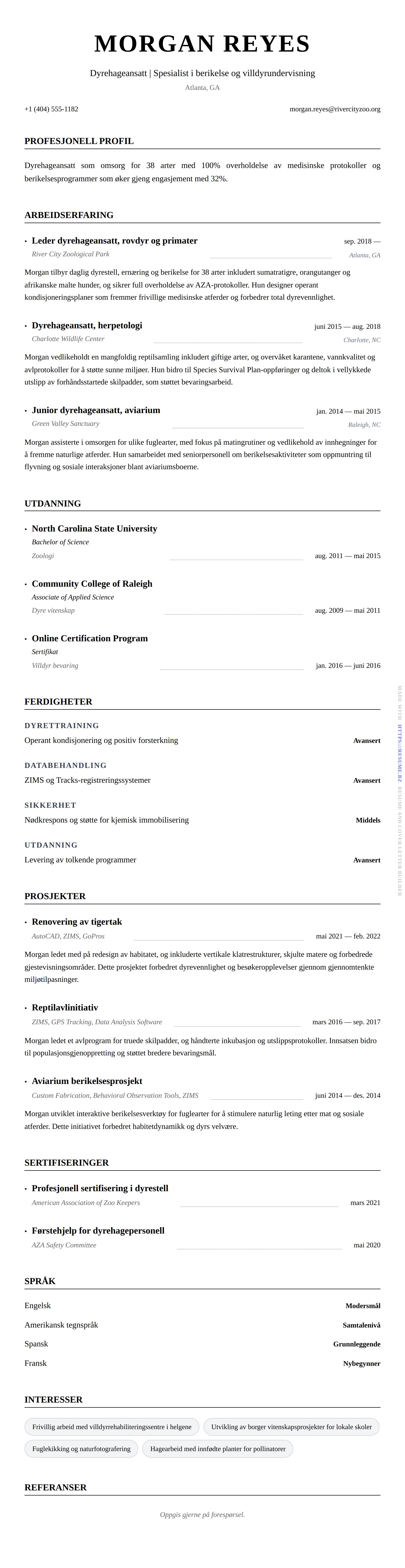 CV-forhåndsvisning for Eksempel på CV for dyrehageansatt
