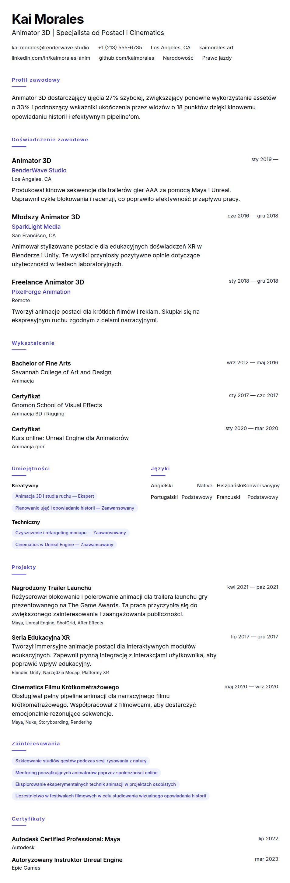 Podgląd CV Przykład CV Animatora 3D