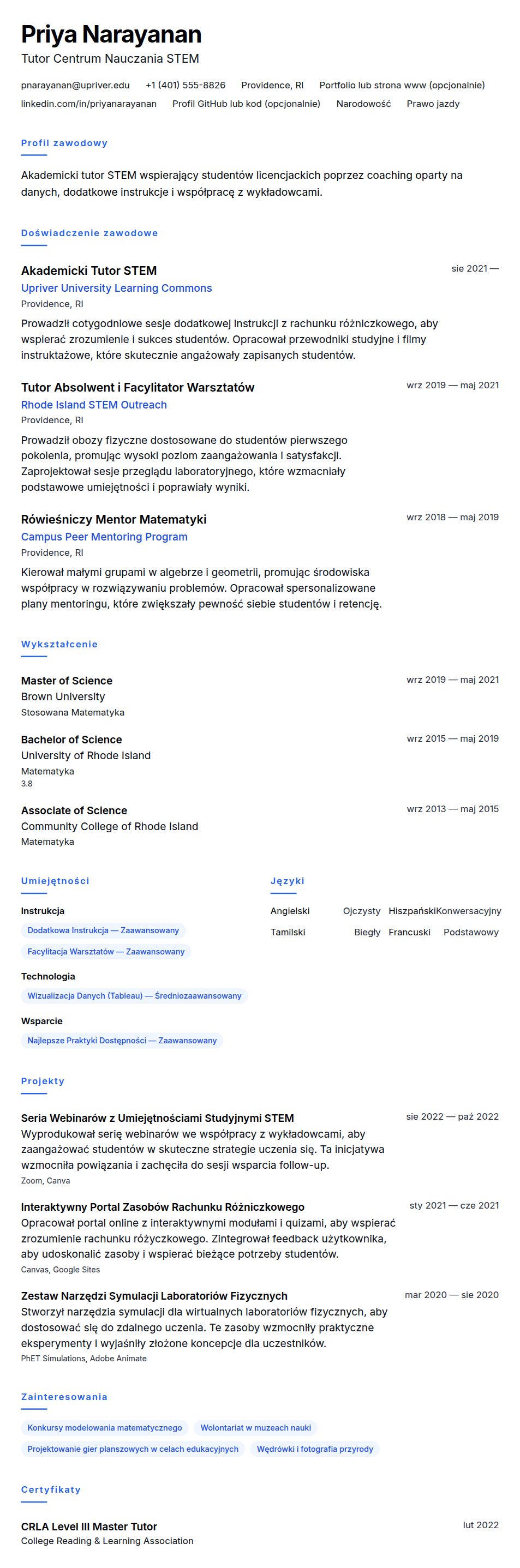 Podgląd CV Przykładowe CV Akademickiego Tytora