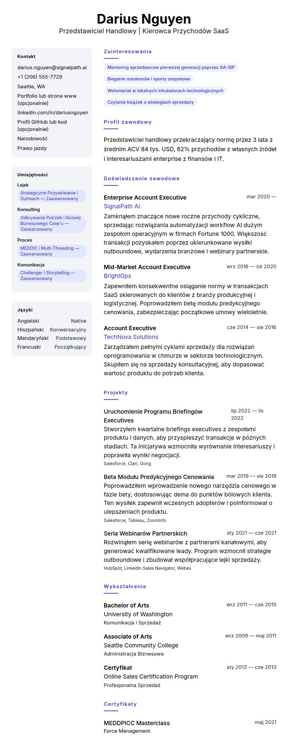 Przykładowe CV Przedstawiciela Handlowego