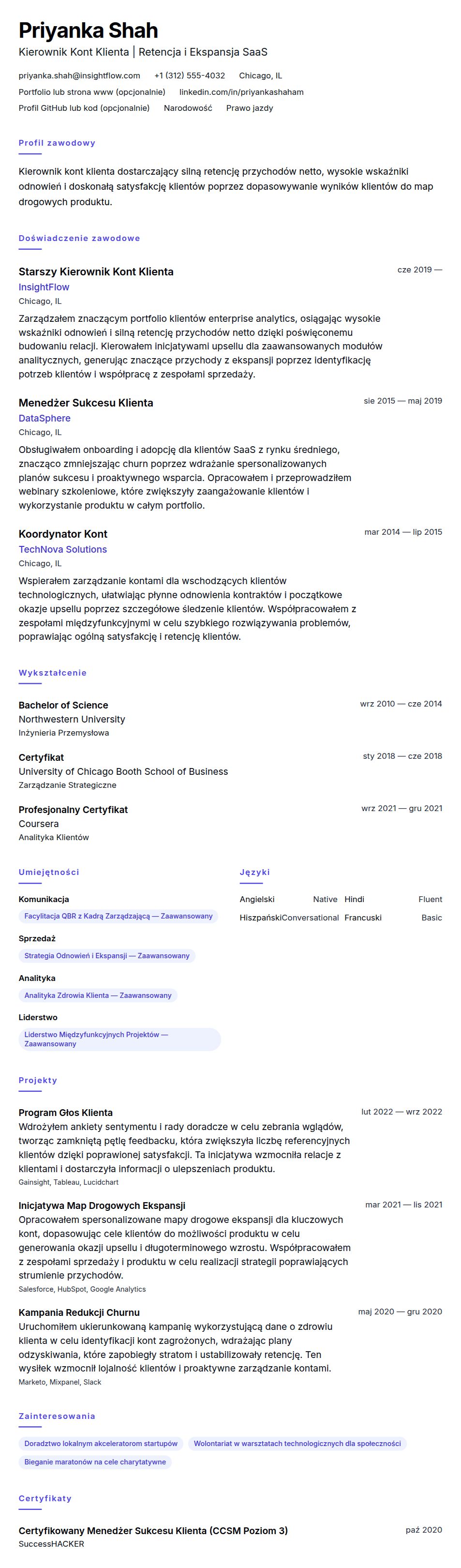 Przykładowe CV Kierownika Kont Klienta