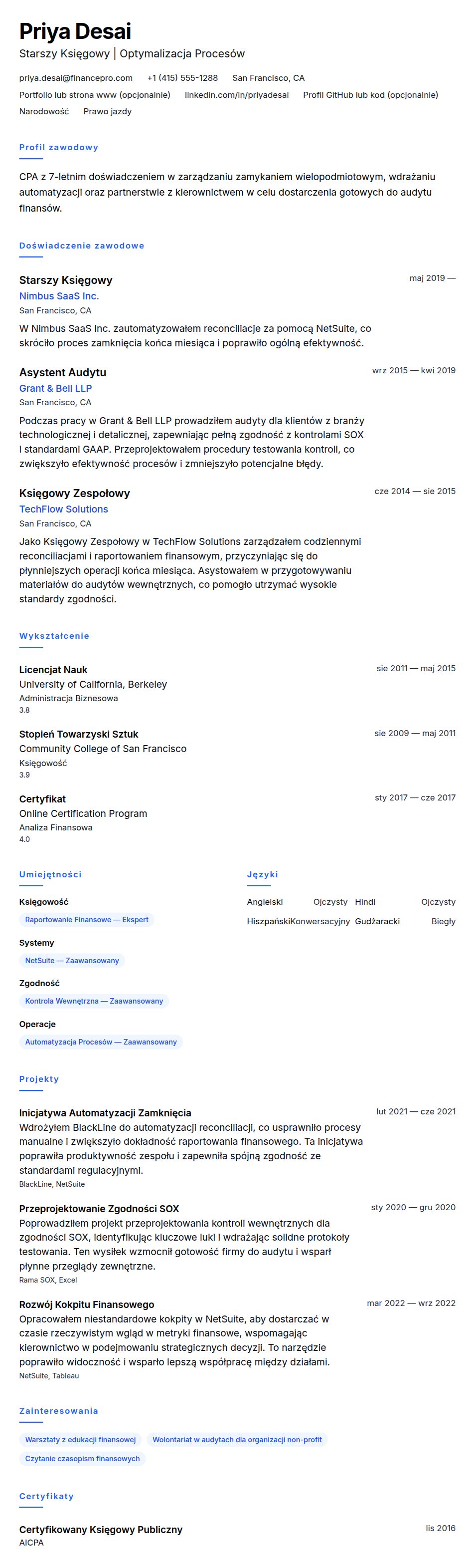 Podgląd CV Przykładowe CV Księgowego
