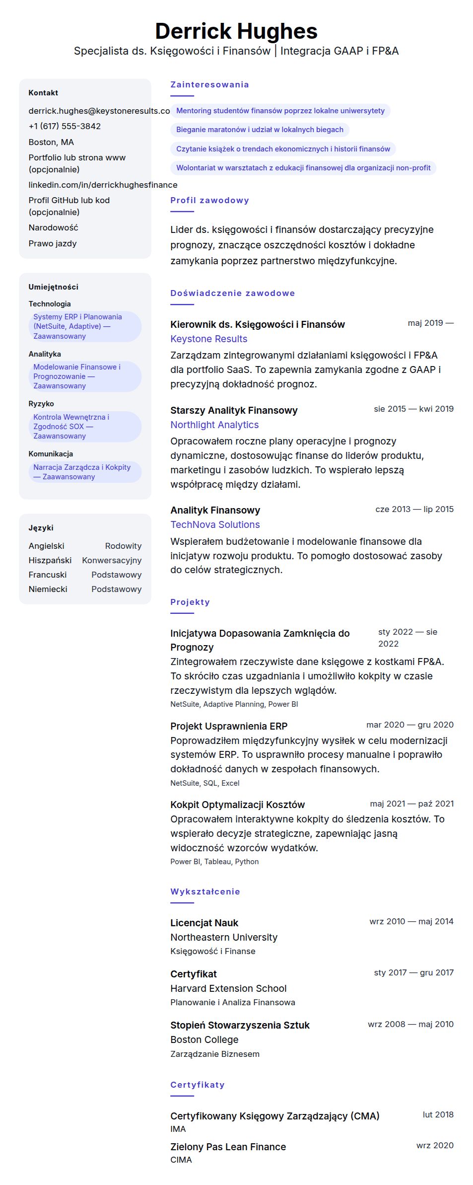 Podgląd CV Przykładowe CV Specjalisty ds. Księgowości i Finansów