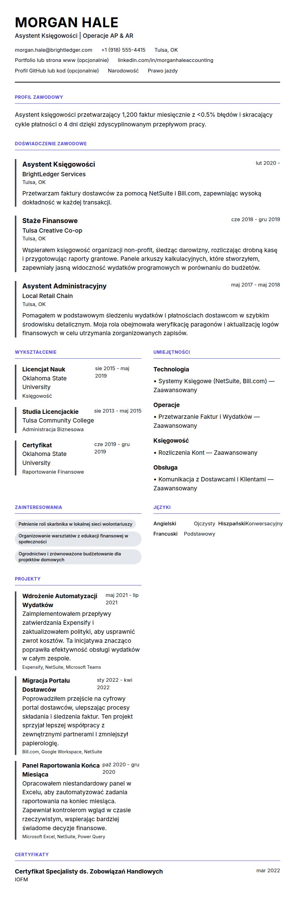 Podgląd CV Przykładowe CV Asystenta Księgowości