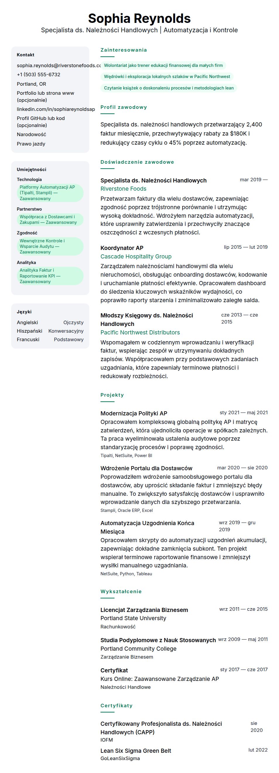 Podgląd CV Przykład CV Specjalisty ds. Należności Handlowych