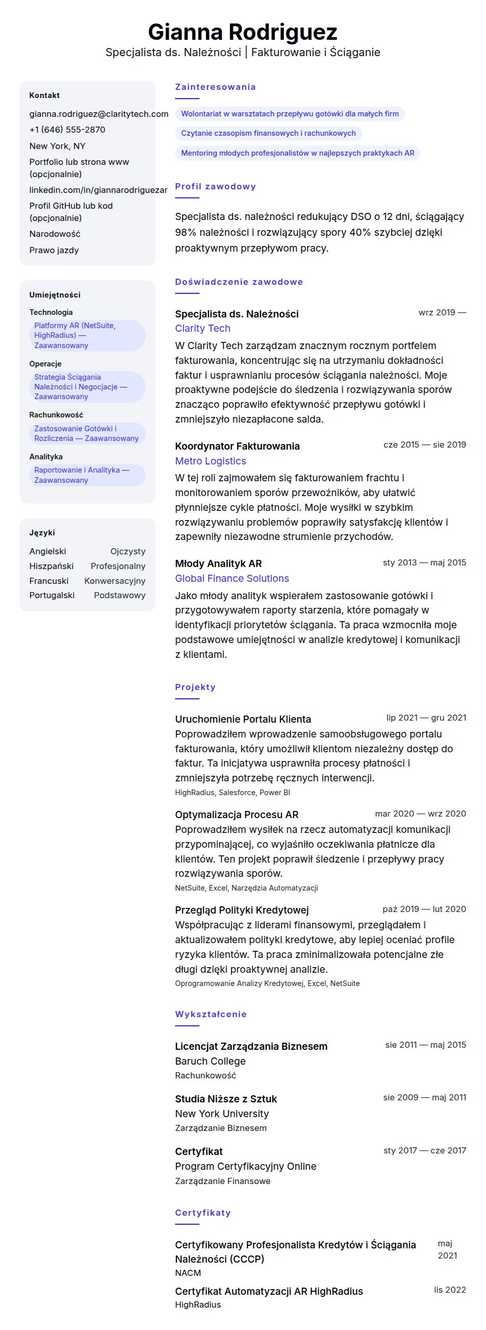 Podgląd CV Przykładowe CV Specjalisty ds. Należności