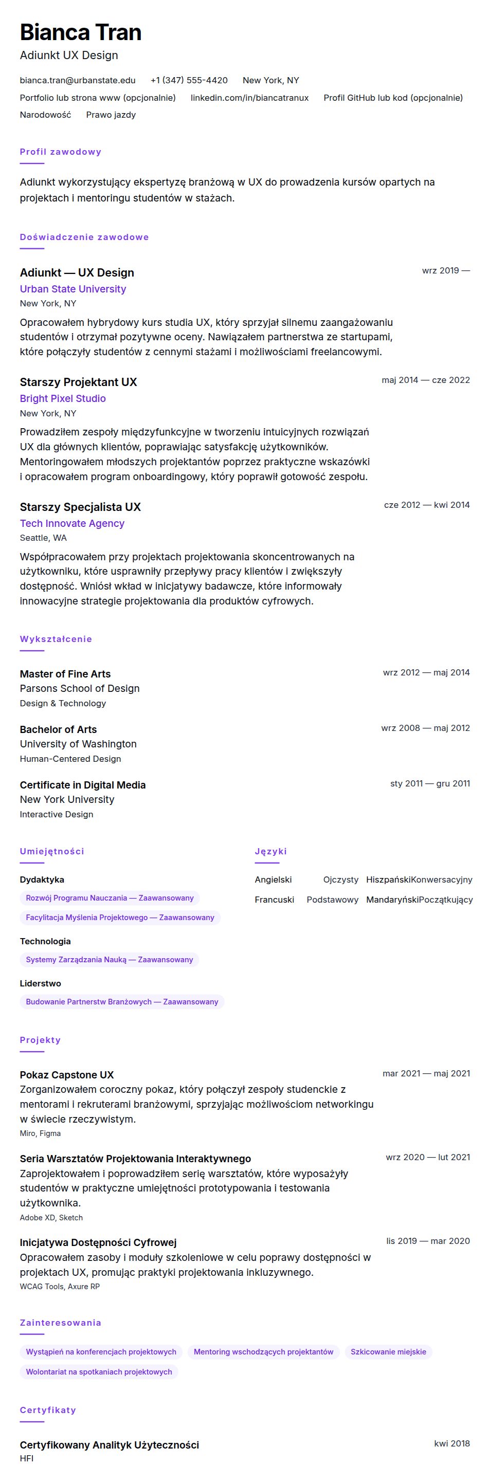 Podgląd CV Przykładowe CV adiunkta