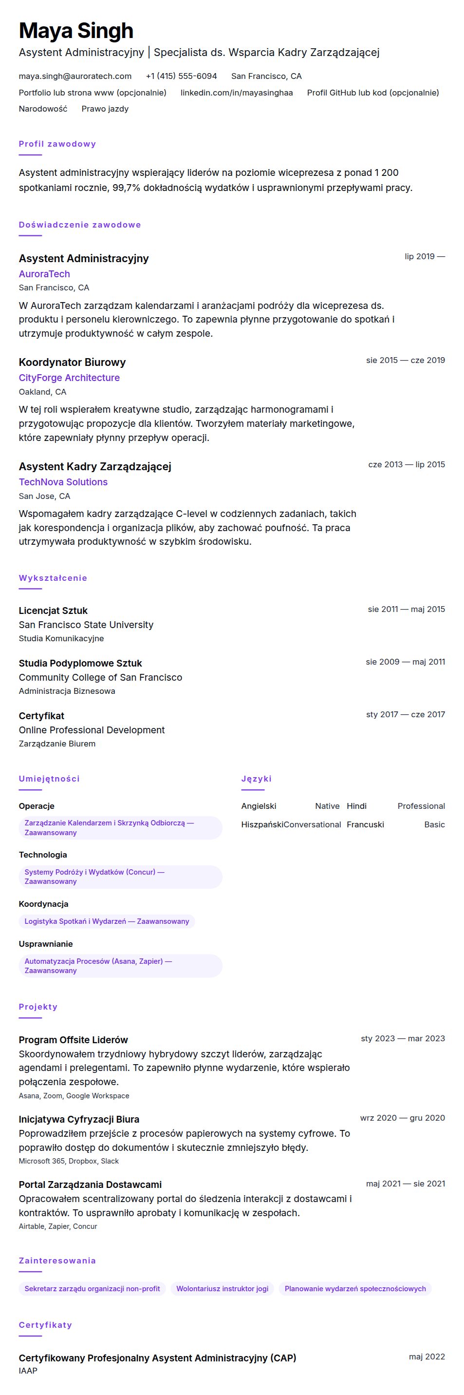 Przykład CV Asystenta Administracyjnego