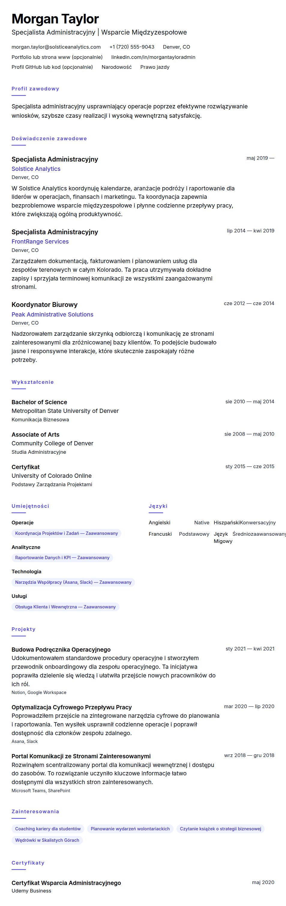 Podgląd CV Przykładowe CV Specjalisty Administracyjnego
