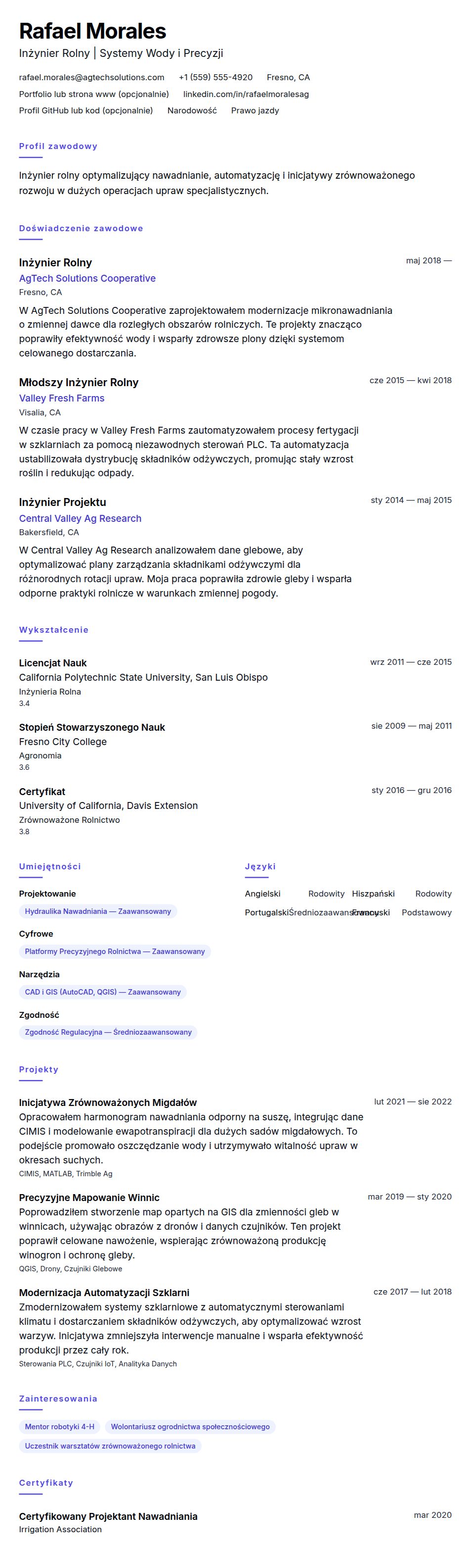 Przykładowe CV Inżyniera Rolnego